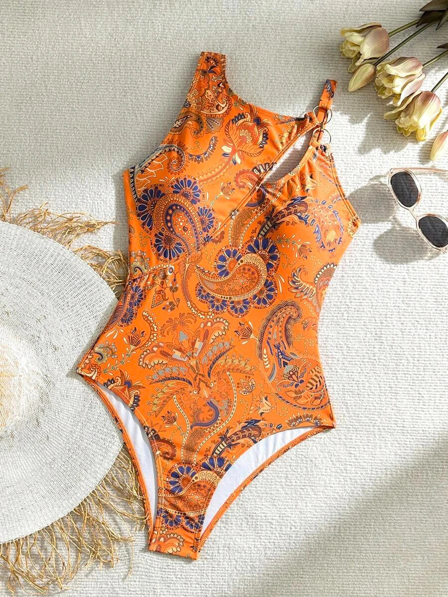 Printed Swimsuit One Piece Hollow Swimwear Women Ring Linked Bathers Bathing Swimming Swim Suit Female Beachwear