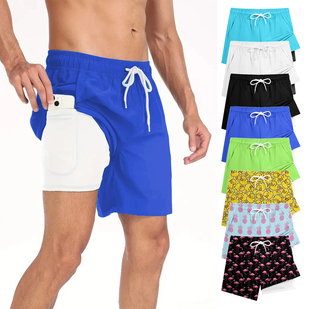 Men Summer Quick Dry Beach Board Shorts Breathable with Compression Liner & Phone Pocket Elastic Waist Multiple Colors Available