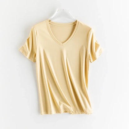 10% Silk & Mercerized Cotton Women T-shirt Luxury Tee Short Sleeve Silky Feeling Summer Wear Tops V / O-neck