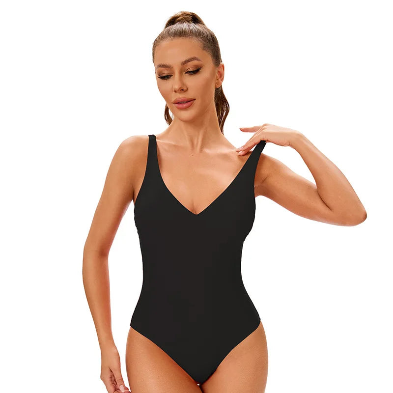 Swimsuit One Piece Swimsuit Swimwear Women Solid Color V-neck  Bathing Suit Beachwear