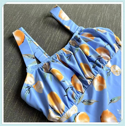 Pleated Front Swimsuit One Piece Printed Swimwear Women Bodysuit Lady Bathers Bathing Swimming Swim Beachwear Summer