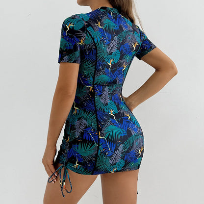Floral Women Swimsuits Sun Protection Female Short Sleeves Swimwear Surfing Sports Pool Beachwear Two-Piece Bathing Suits
