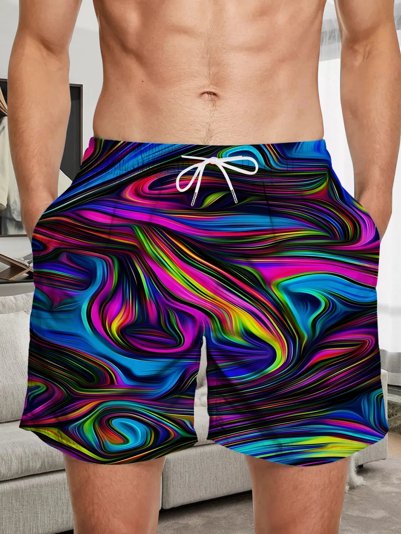 Elastic Waist Men Beach Shorts Full Digital Print Polyester Quick Dry Swimwear