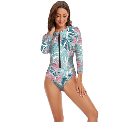 Womens Athletic One Piece Swimsuits Rashguard Long Sleeve Swimsuit Sports Surfing Swimwear Bathing Suits Printed Half Zipper XXL