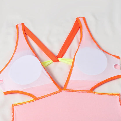 Patchwork Solid Swimwear Women Strapped One Piece Swimsuit Beach Lady Monokini Backless Hollow Bathing Suit