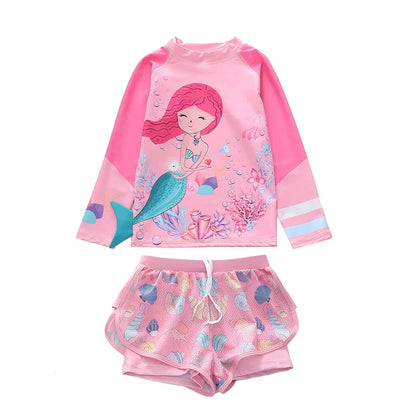 Girls Swimwear Long Sleeve Mermaid Swimming Suit Two Pieces Rash Guard Set Bathing Suit Kids Children's Swimsuit Girl 4-11 Years