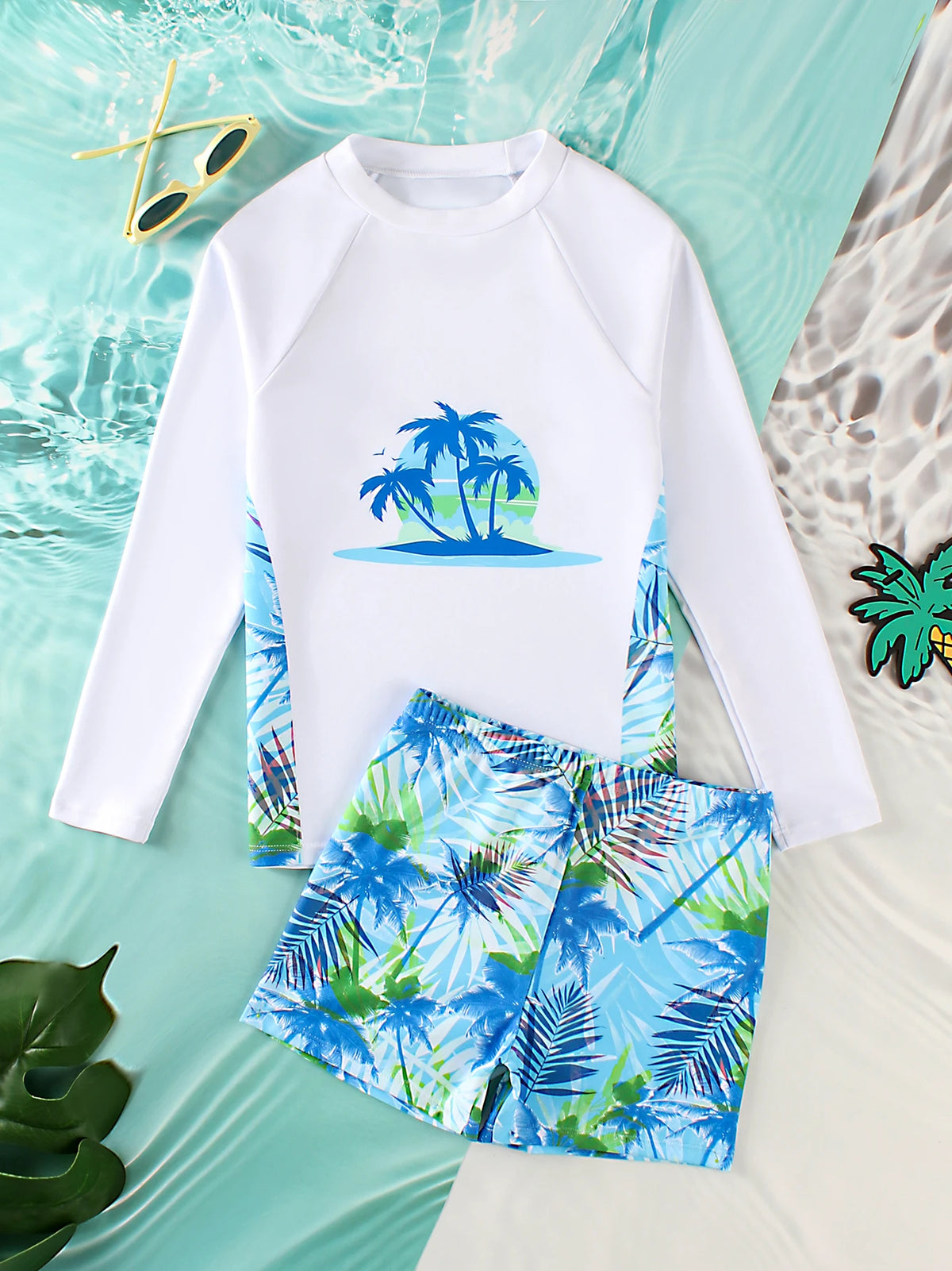 Boys' Palm Print Long Sleeve Rash Guard & Shorts Set