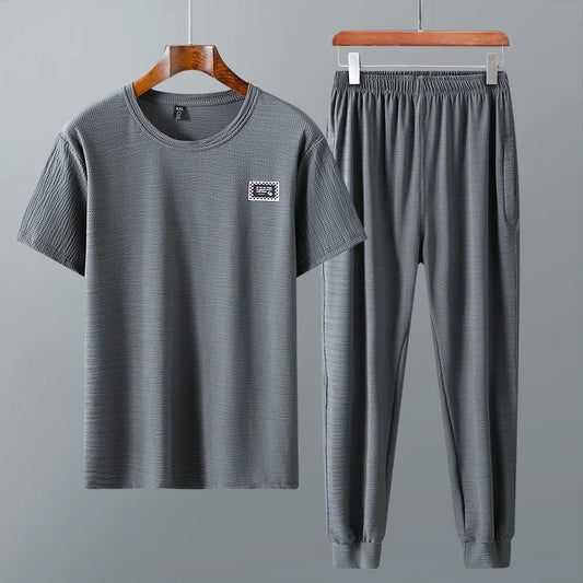 9XL 10XL Corn grid summer short-sleeved t-shirt trousers tide ice silk quick-drying plus size loose two-piece set 160KG