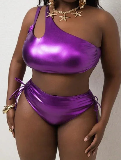 Plus Size Bikini Set Pure Color Foil Luminous Fabric Two Piece Swimsuit Women's Fashion Beachwear Swimwear