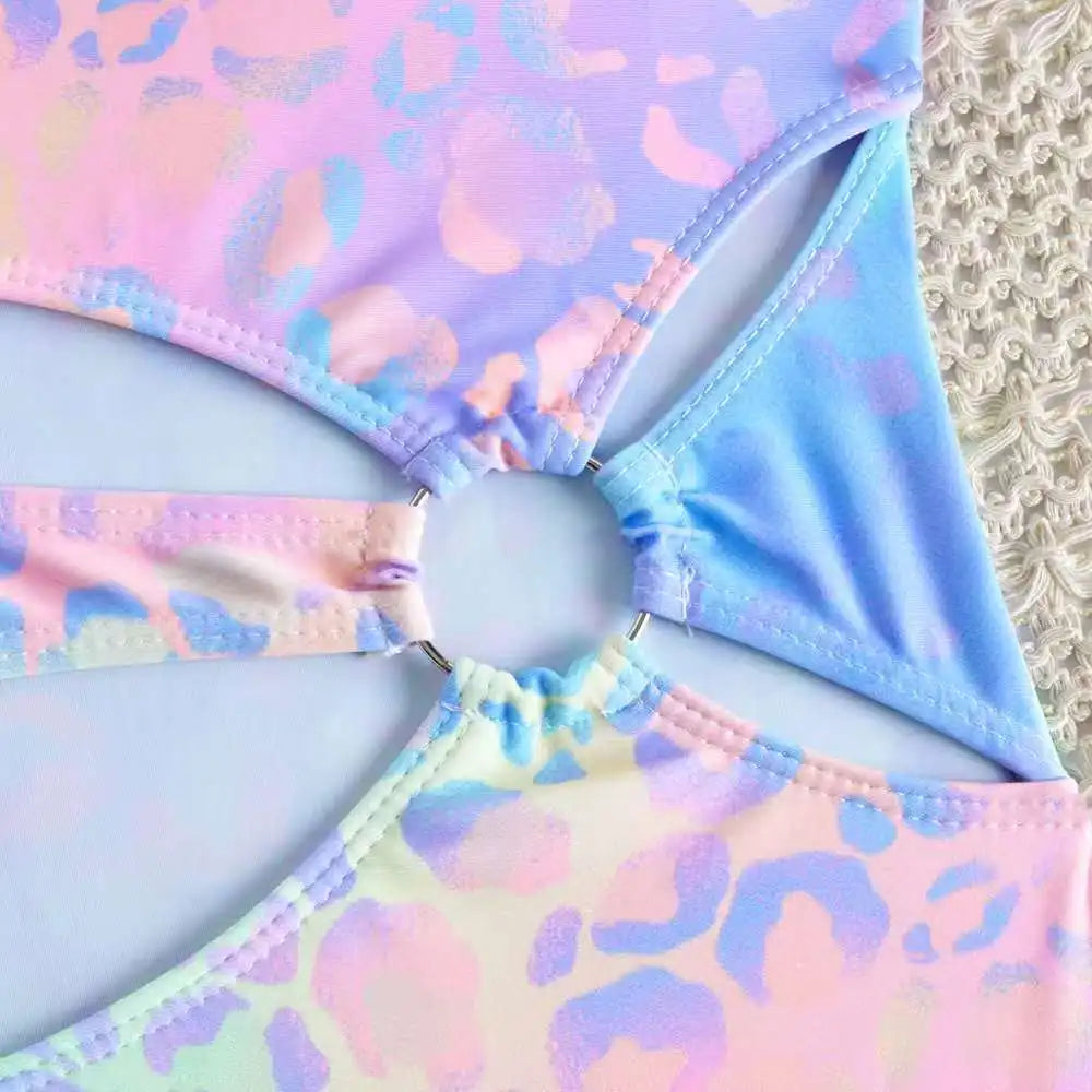 Girl Tie Dye Print One Piece Swimsuit for Kids Children's Swimwear 8-16 Years Beach Wear Cut Out Bathing Suit Teenagers Holiday