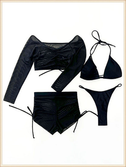 4 Piece Bikini Women Drawstring Cover Up Top & Shorts Swimsuit Female Halter Swimwear Bathing Swimming Mesh Beachwear Suit