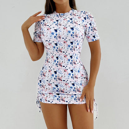 Floral Women Swimsuits Sun Protection Female Short Sleeves Swimwear Surfing Sports Pool Beachwear Two-Piece Bathing Suits