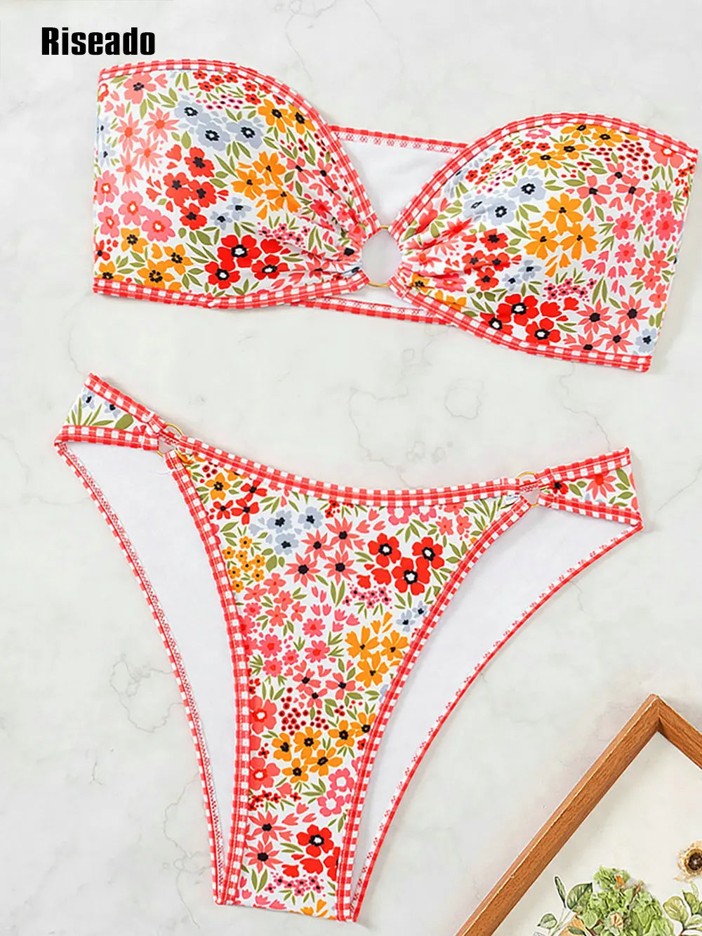 Women's Bandeau Off Shoulder Bikini Set Floral Print Whip Stitch 2 Piece Swimsuits Bathing Suits