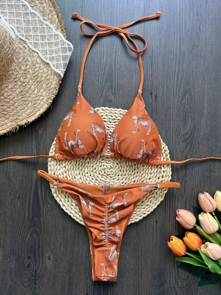 Bikini Set Women Swimsuit Printed Halter Lace Up Two-Piece Swimwear Backless Bathing Summer Fashion Female Beachwear