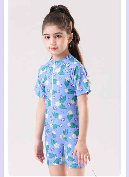 Leaf Print One Piece Girls Swimwear Kids Short Sleeve Swimsuit With Front Zipper Summer Children Swimming Suit Beachwear