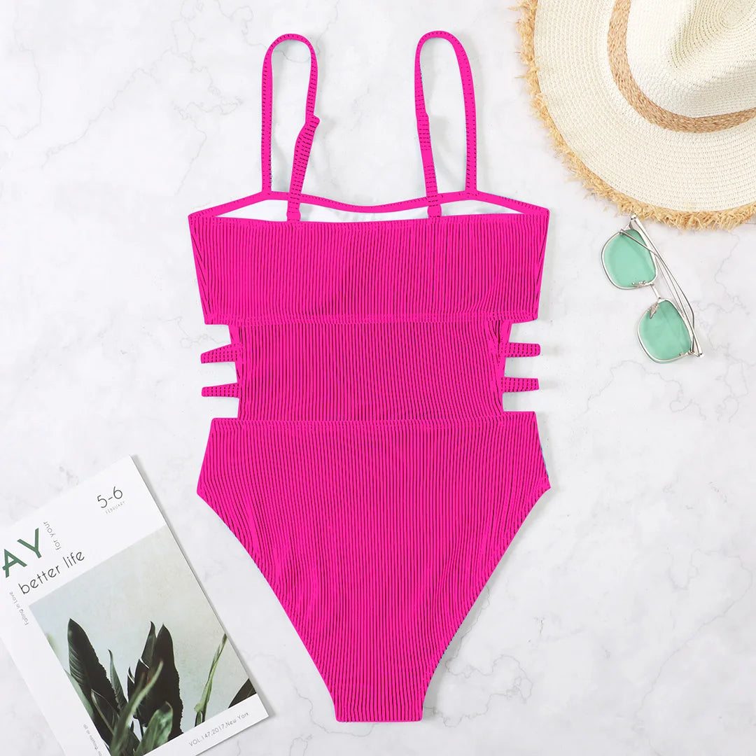 S - XL 11 Colors Ribbed Cut Out One Piece Swimsuit Women Swimwear Female High Leg Cut Padded Bather Bathing Suit Swim Lady