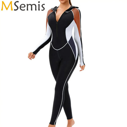 Womens Full Body Swimsuit One Piece Hooded Zipper Modest Swimsuit Full Cover Conservative Swimwear