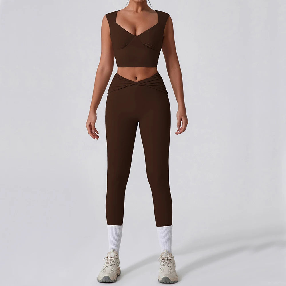 2PCS Women Yoga Set Workout Pant Outfits Fitness Sportswear Gym High Waist Flare Leggings Sports Bra Athletic Tracksuit