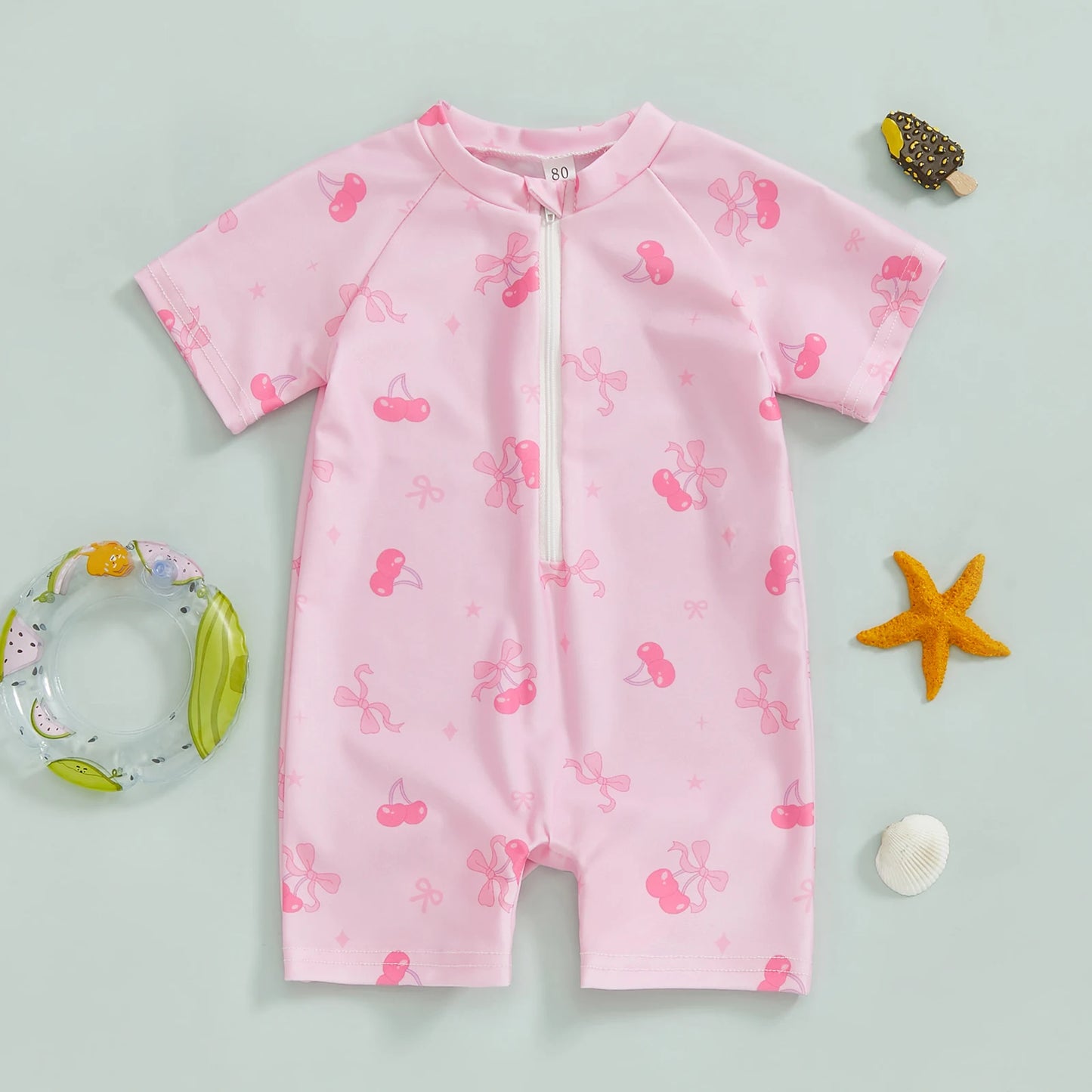Summer Toddler Baby Girl Short Sleeve Swimwear Bathing Suit Infant Rash Guard Swimsuit Kids Cherry/Bow Print Zipper Beachwear