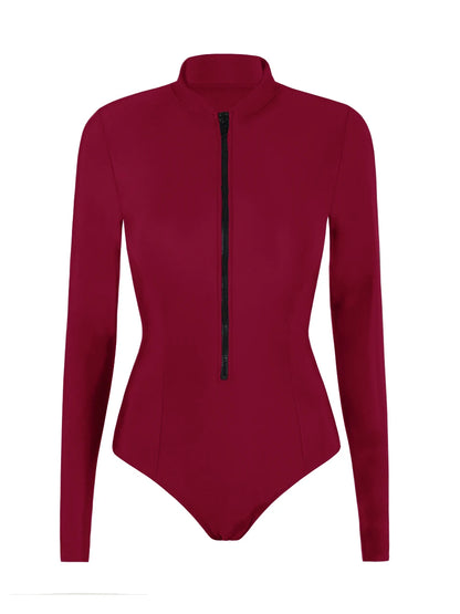Rash Guard Swimsuit Women With Zipper Solid Long Sleeve Surfing Swimwear Female Bather Bathing Swimming Suit Beachwear