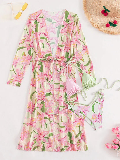 Floral Print Hollow 3 Piece Mesh Smock Bikini Set Women Swimsuit Tied Halter Swimwear Backless Beach Bathing Suit