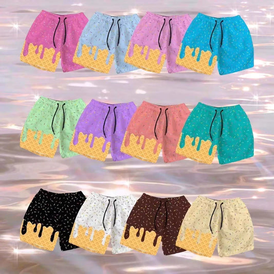 Summer Printed Casual Shorts with Multi-color Waffle Ice Cream Design, Beach Pants, Fashionable Quick Drying Shorts, Motorcycle