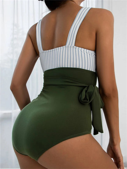 Striped V-neck Swimsuit One Piece Strap Swimwear Women Knot Side Bathing Suit Female Padded Monokini Swimming Beachwear Bodysuit