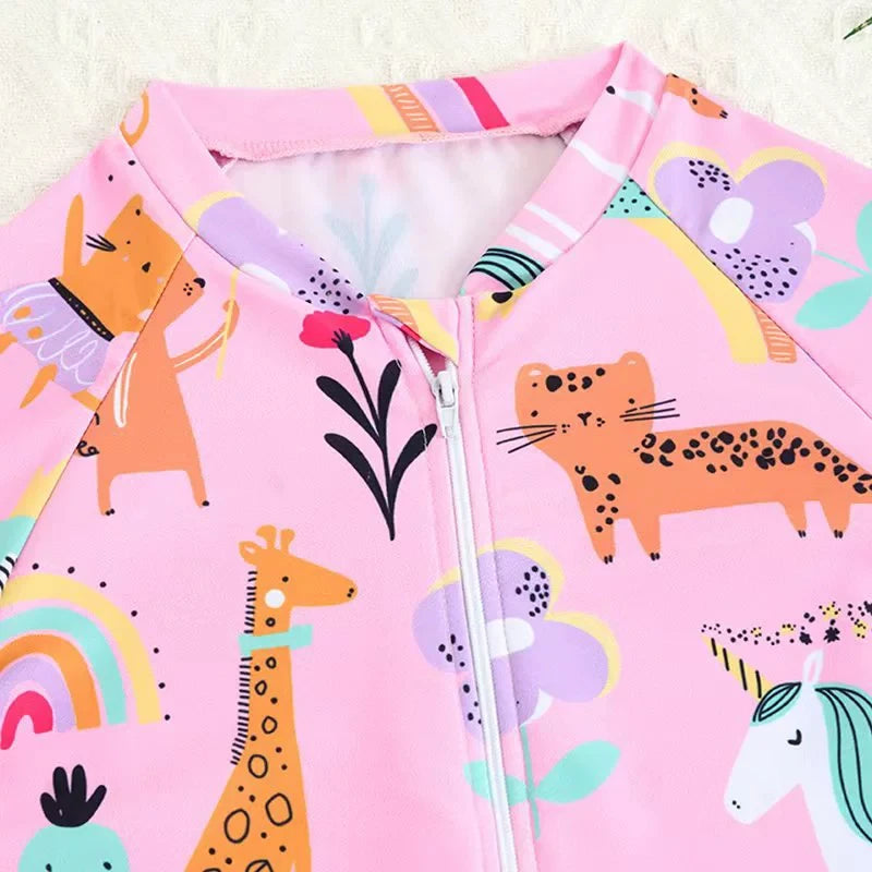 Girls Printed Swimsuit One Piece Kids Zipper Swimwear Children Swimming Bathing Swim Suit Beachwear