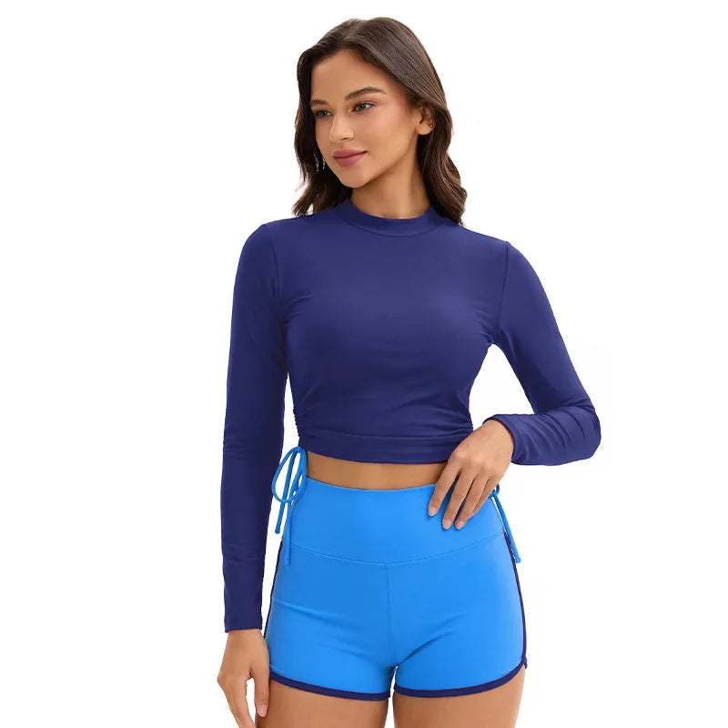 Long Sleeve Swimsuits for Women Bathing Suit Rash Guard Modest Surf Two  Piece High Neck Swimwear Block Colors with Boyleg