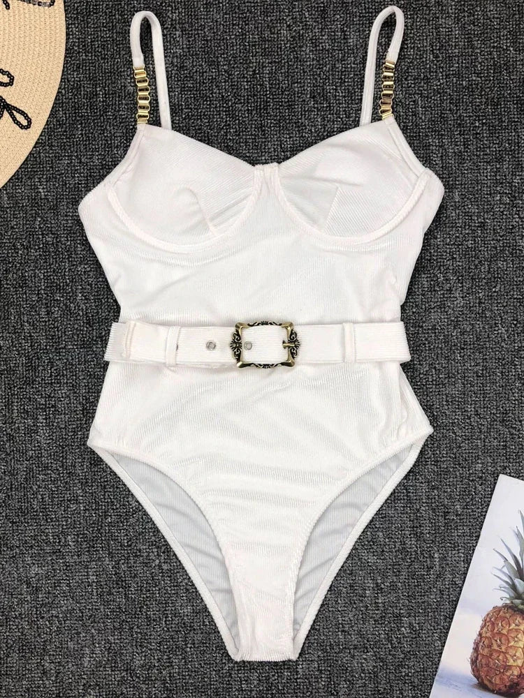 Push Up Underwire Swimwear Women Solid White Black Padded Buckle One Piece Swimsuit Beach Bathing Suit Bodysuit Monokini