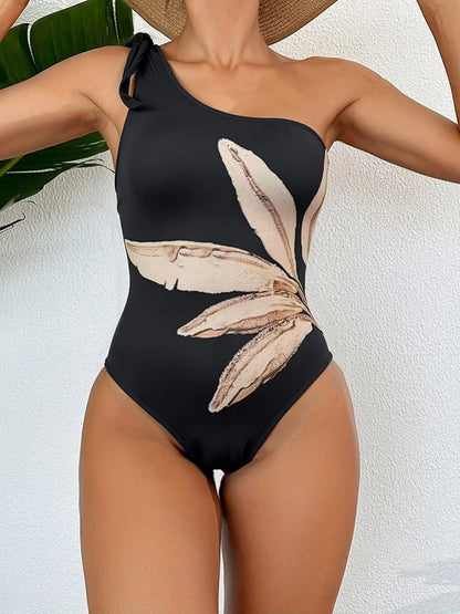 Black Floral Print One Piece Swimsuit Women Tie One Shoulder Slim Tummy Control Swimwear Summer Bathing Suit Monokini
