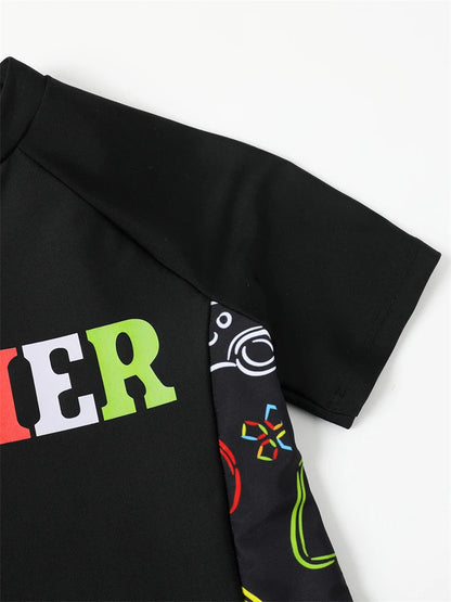 Boy Swimsuit Graffiti Print Short Sleeve Children Swimwear Summer Two Piece Kids Beach Wear Swimming Bathing Suit Boys