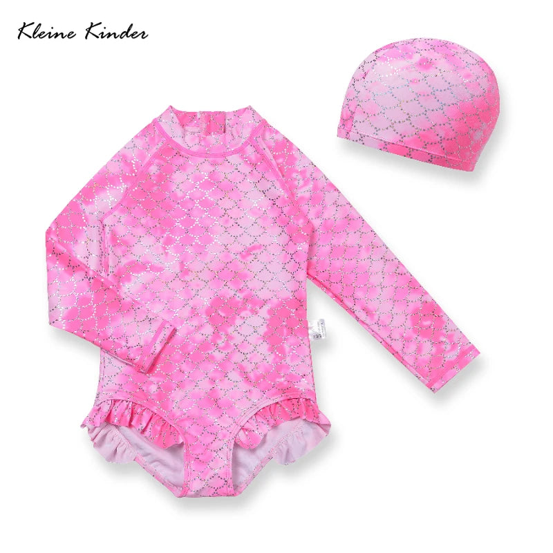 Toddler Baby Bathing Suit Girls Swimsuit One-Piece Rashguard for 2-10 Years UPF 50+ Anti UV Long Sleeve Swimwear for Children