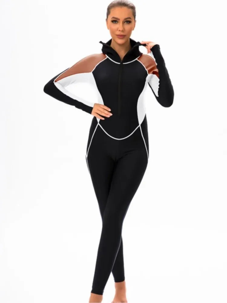 Long Sleeves Swimwear Women Surfing Swimsuit Striped Bathing Suits Zipper One-piece Swim Suits Pants Push Up Beach Wear