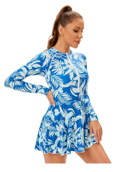 Swimwear Modest 3-Piece Printed Swimwear Set - Women's Long Sleeve Swim Dress with High Waist Boy shorts & Slim Fit