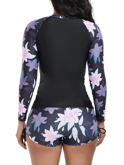 Floral Long Sleeve Surfing Swimsuit Women Two Pieces Zipper Swimwear Female Bathers Bathing Swimming Swim Suit Beachwear