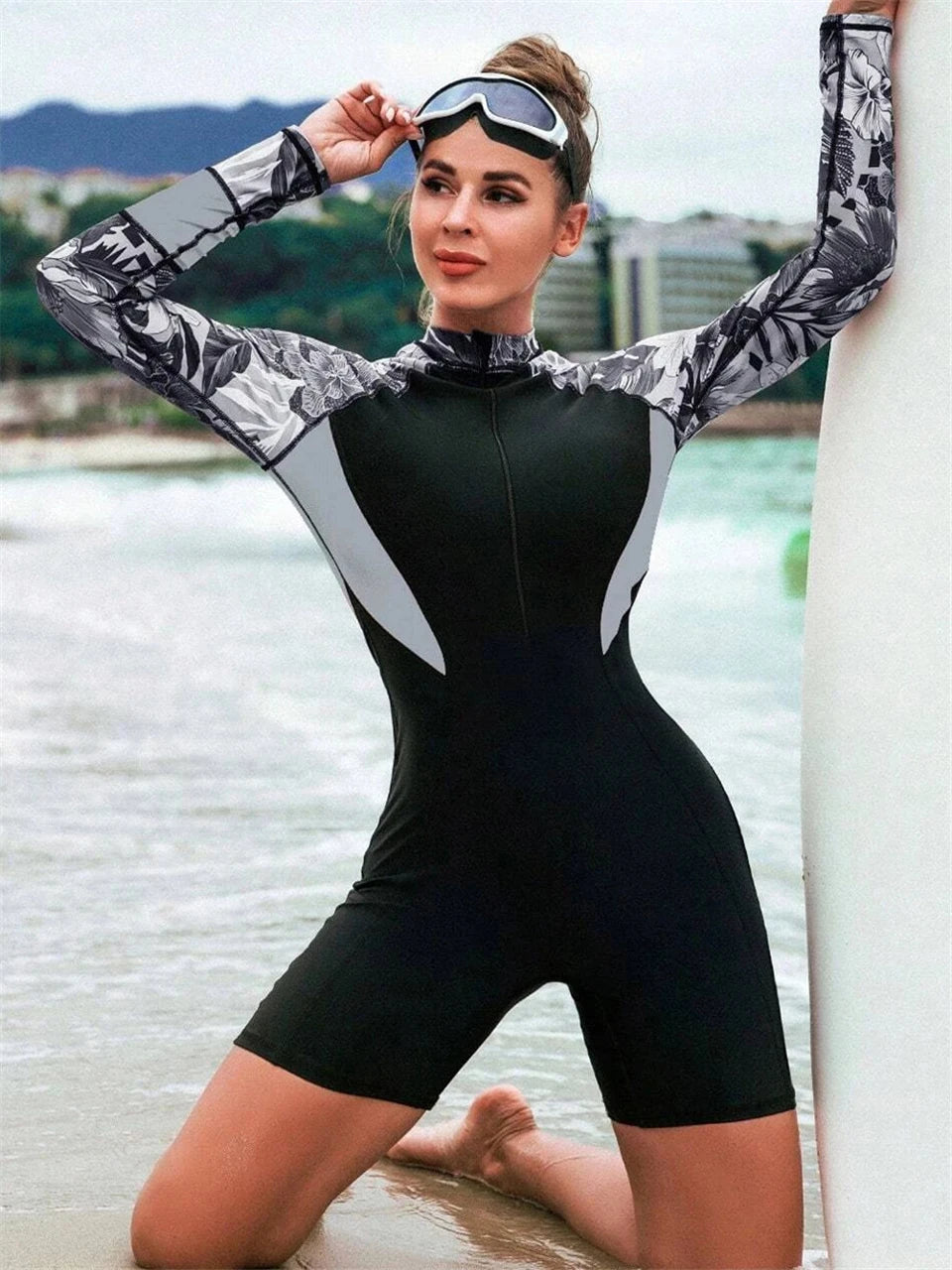 Surfing Sport Swimsuit Women Long Sleeve Swimwear Female One Piece Print Zipper Rash Guard Diving Clothes Swimming Bodysuit