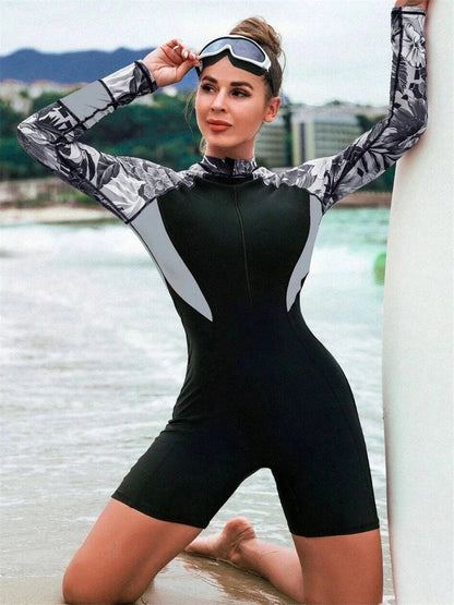 Surfing Sport Swimsuit Women Long Sleeve Swimwear Female One Piece Print Zipper Rash Guard Diving Clothes Swimming Bodysuit