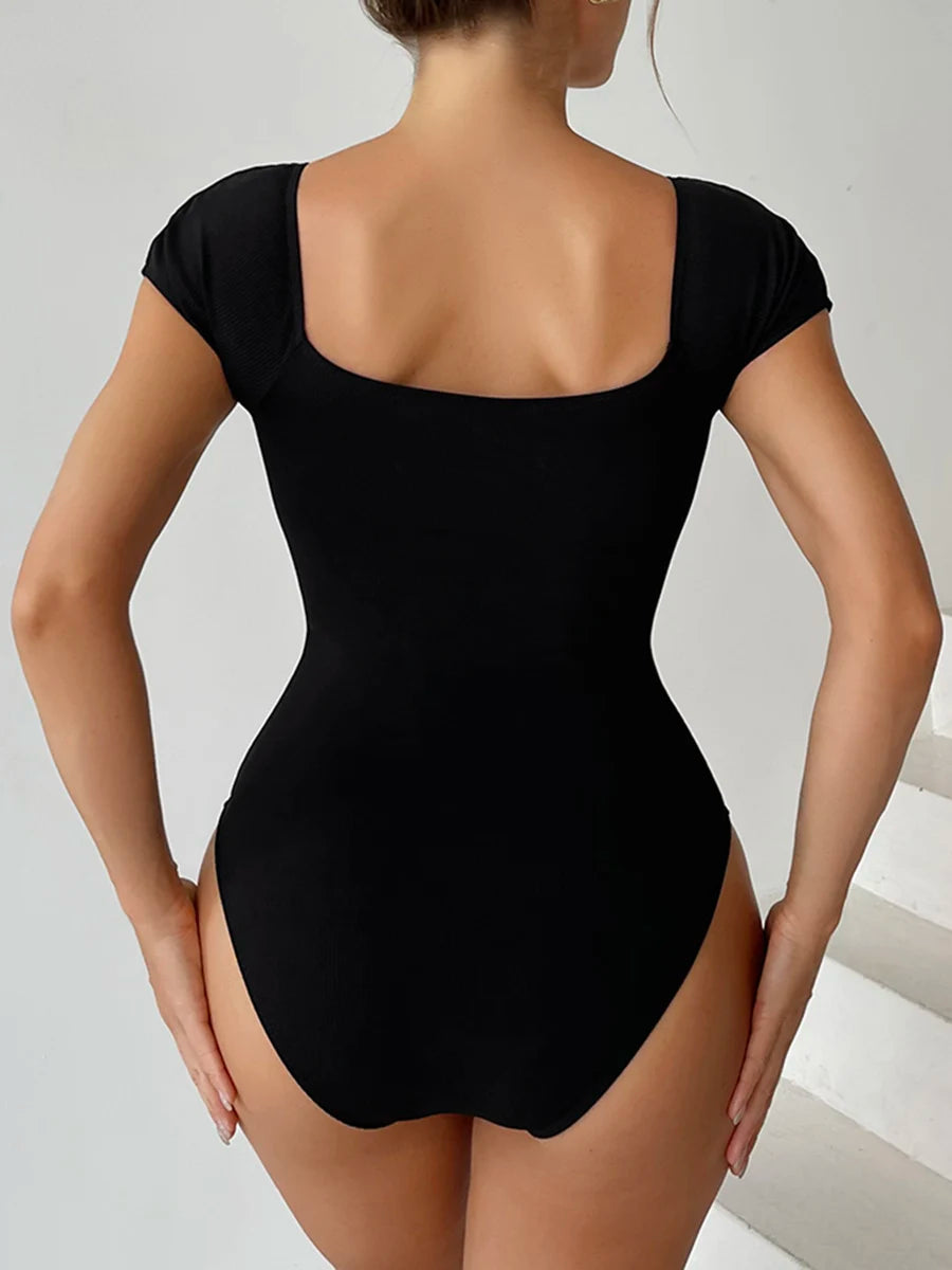 Short Sleeve Swimsuit Women One Piece Solid Swimwear Female Zipper Bathers Bathing Swimming Suit Summer Beachwear Bodysuit