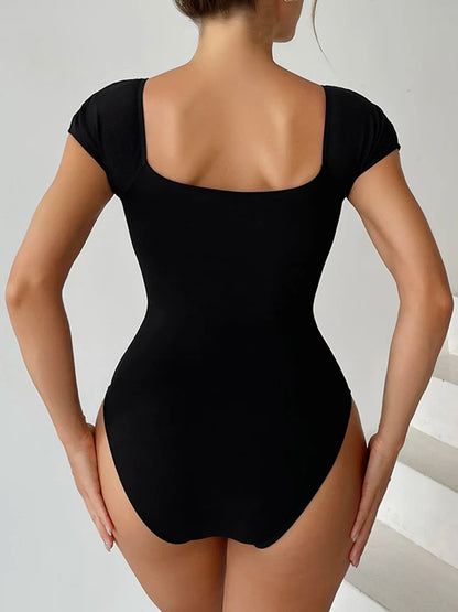 Short Sleeve Swimsuit Women One Piece Solid Swimwear Female Zipper Bathers Bathing Swimming Suit Summer Beachwear Bodysuit