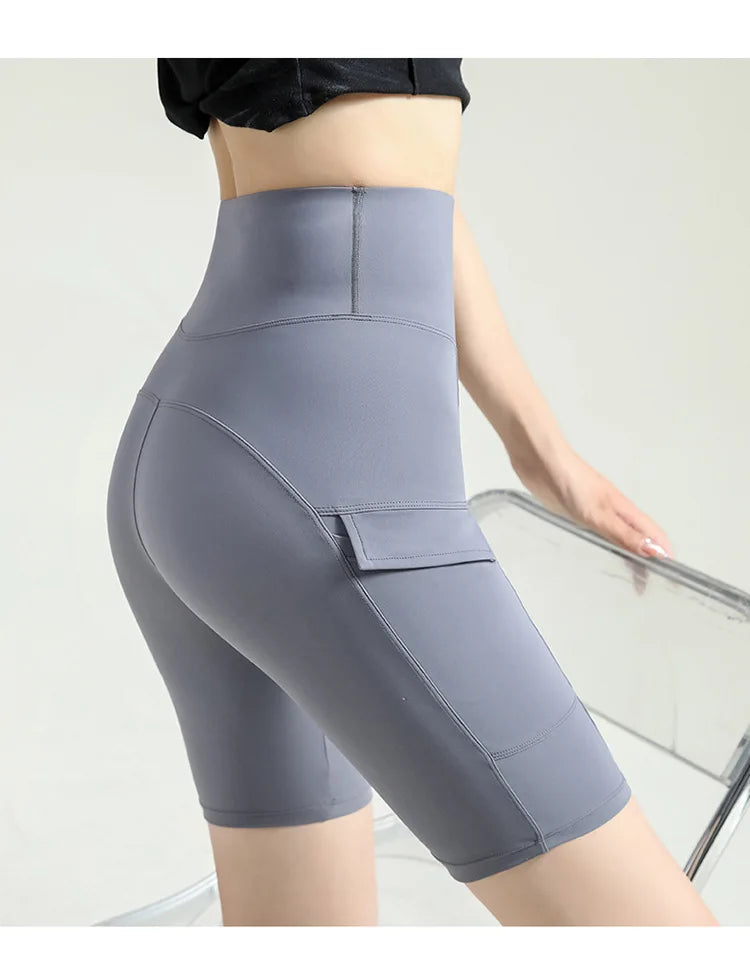 BIVIGAOS Summer New Cargo Pocket Shark Shorts Women's Sport Fitness Cycling Shorts High Waist Running Tight Biker Short Leggings