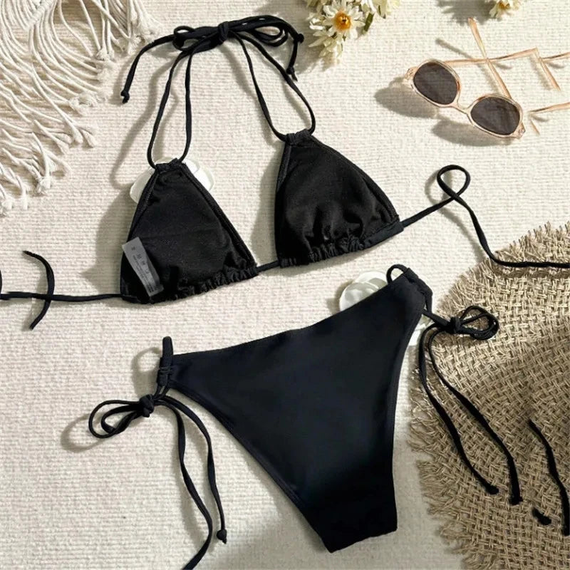 Flower Bandeau Swimwear Thong Bikini Women Lace-up Swimsuits Swimming Bathing Suit Brazilian Bikinis Set