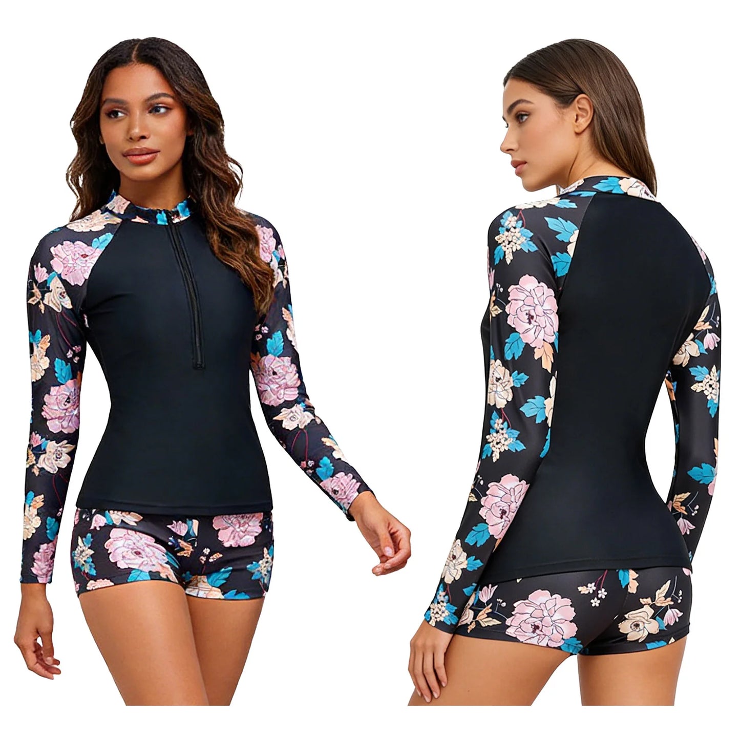 Women's Rash Guard Swimsuit Two Pieces Swimwear Floral Print Long Sleeve Half Zipper Top with Short Bathing Suit Swim Outfit
