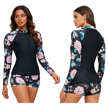 Women's Rash Guard Swimsuit Two Pieces Swimwear Floral Print Long Sleeve Half Zipper Top with Short Bathing Suit Swim Outfit