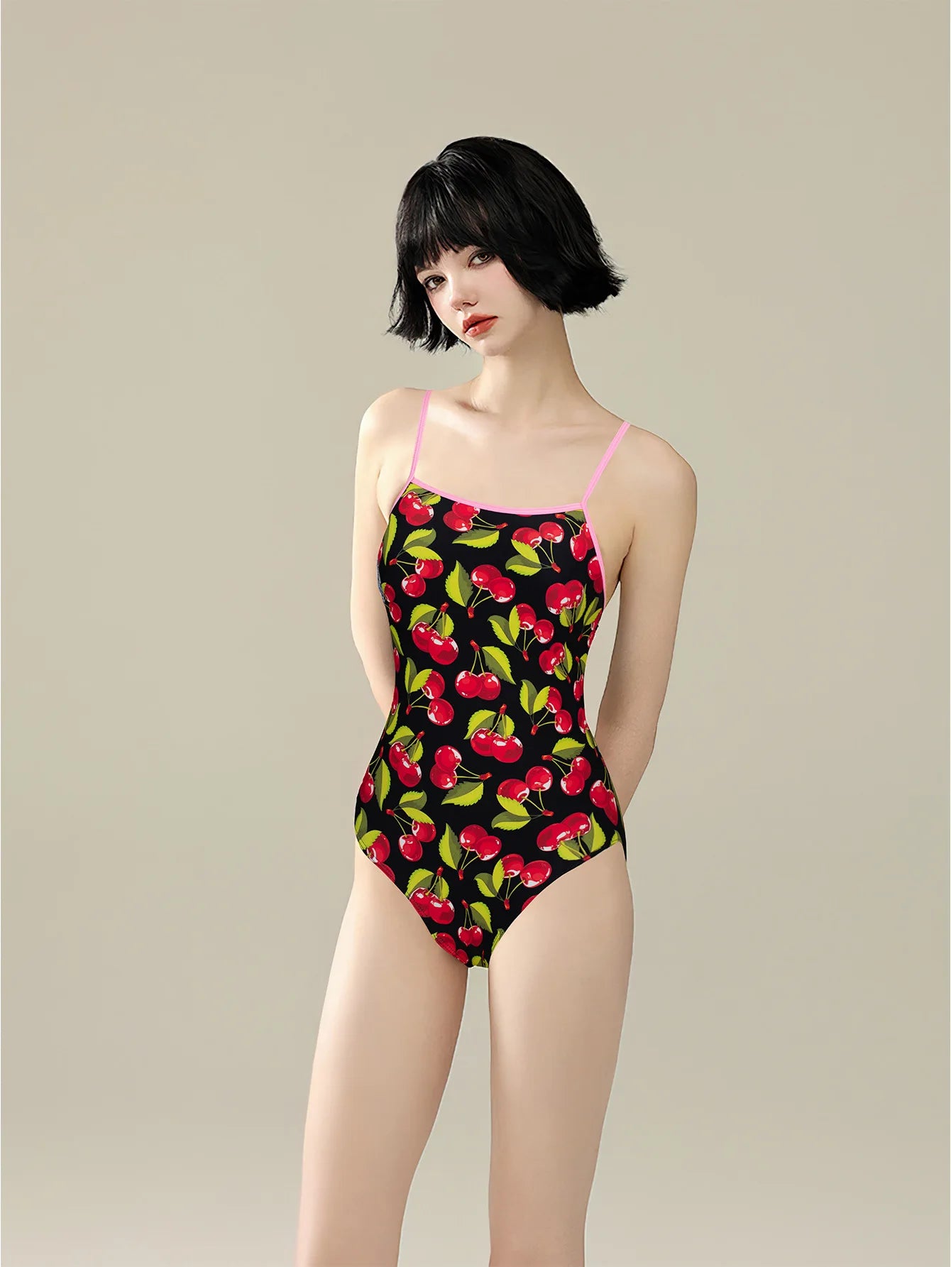 Women's Athletic One-piece Swimsuit Korean Version of the Nylon Fruit Print Slim and Thin Strap Halter Spa Swimwear Bathers Pool Squad