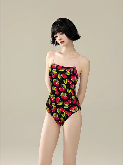 Women's Athletic One-piece Swimsuit Korean Version of the Nylon Fruit Print Slim and Thin Strap Halter Spa Swimwear Bathers Pool Squad