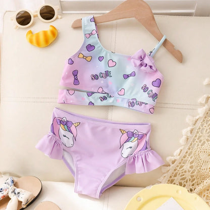 Little Girls Swimsuit High Waist Bikini Ruffle Swimwear Female Solid Children Bathing Swimming Swim Suit 4-7Y