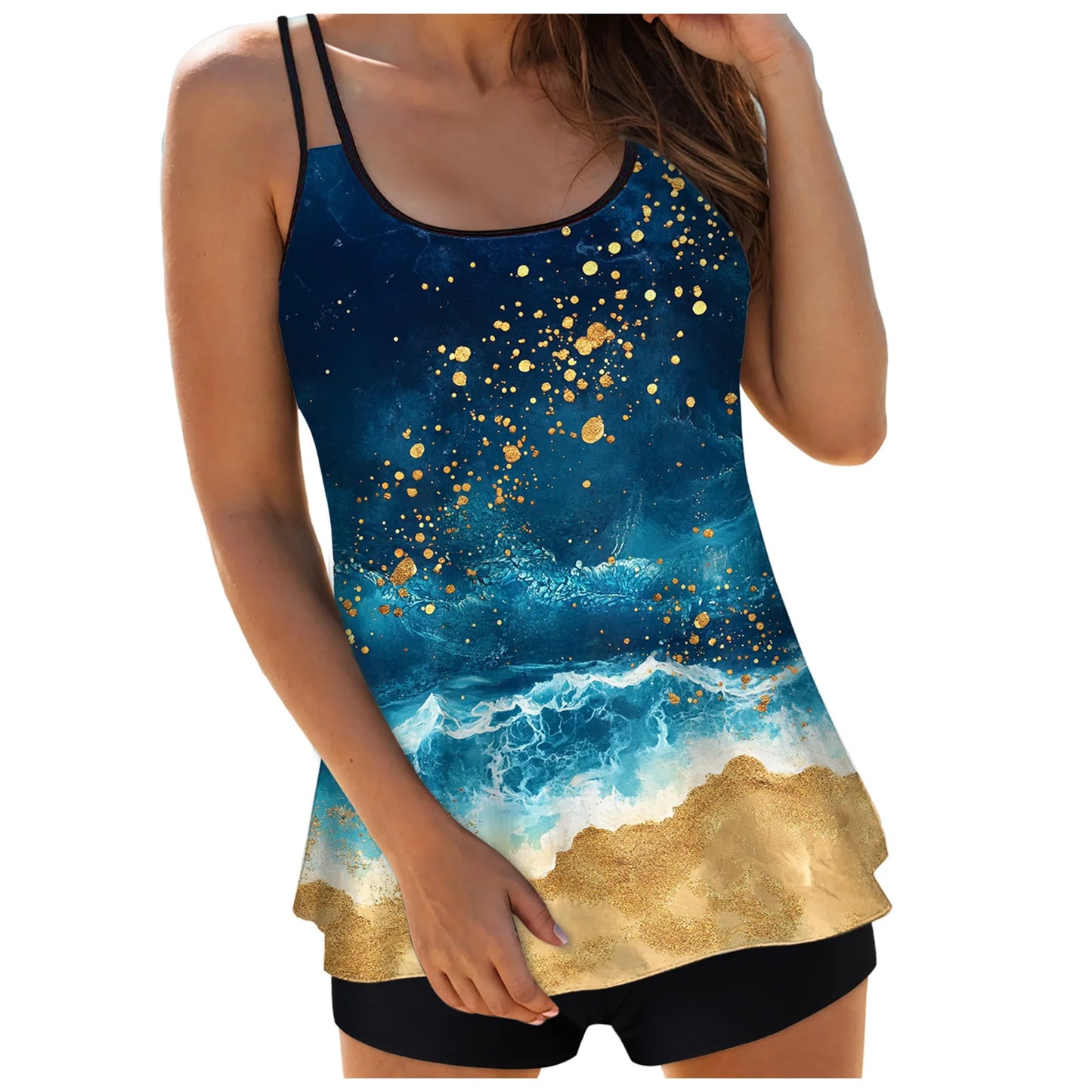 Women's Abstract Print Tankini Swimsuits Double Stretch Strap Crew Neck Cover Tummy Tops and Solid Shorts Conservative Swimwear