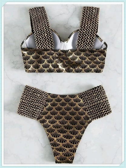 Metallic Stitch Strap Bikini  Women Push Up Gold print Swimsuit Female High Waist Swimwear Bathers Bathing Suit Beachwear