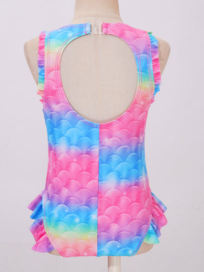 Kids Girls Mermaid Swimsuit Sleeveless Fish Scales Print Ruffle Flounce Jumpsuit Bathing Suit Pool Beach Athletic Swimwear